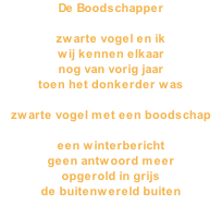De Boodschapper   zwarte vogel en ik wij kennen elkaar nog van vorig jaar toen het donkerder was  zwarte vogel met een boodschap  een winterbericht geen antwoord meer opgerold in grijs de buitenwereld buiten